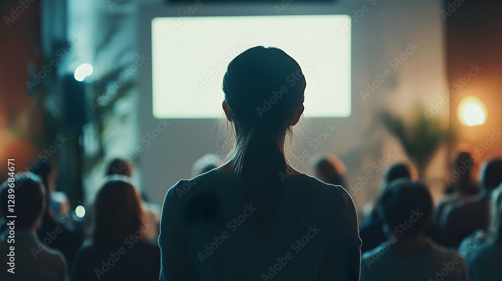 Startup pitch event with presenters and audience, softly blurred for a modern look Startup pitch event with presenters and audience, softly blurred for a modern look