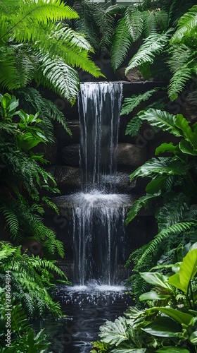 Emerald Cascade: A tranquil waterfall cascades gracefully over tiered rocks, framed by lush green foliage, creating a serene and refreshing natural oasis.