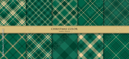 Green colored Christmas checkerd backgrounds, Vector seamless plaid patterns/緑×金色のチェック柄のパターン10セット