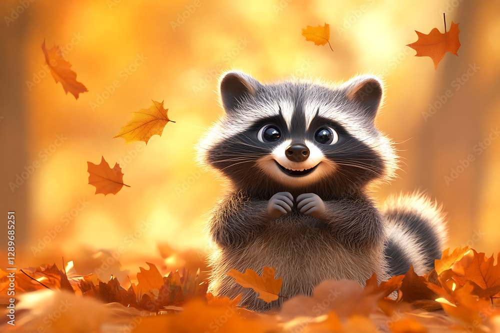 Obraz premium A cute raccoon amidst autumn leaves, exuding joy and playfulness in a vibrant setting.