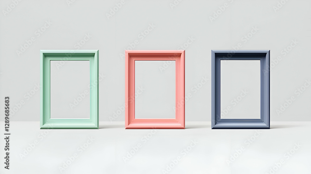 Three Pastel-Colored Empty Picture Frames on White Background Three Pastel-Colored Empty Picture Frames on White Background
