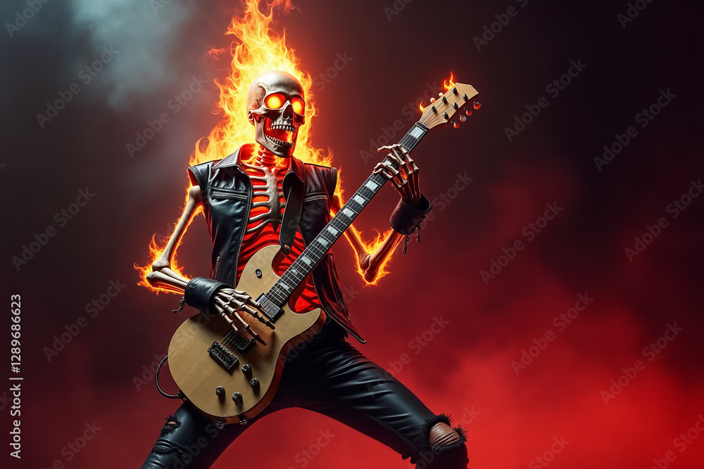 Skeleton playing an electric guitar with flames surrounding it in a dramatic setting. Bright red and smoky backdrop enhances the vibrant energy of the performance Skeleton playing an electric guitar with flames surrounding it in a dramatic setting. Bright red and smoky backdrop enhances the vibrant energy of the performance