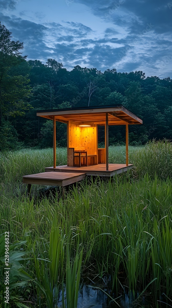 Serene Sanctuary: A captivating image of a minimalist wooden structure, nestled in a tranquil wetland, its warm interior light contrasting beautifully with the twilight sky. Serene Sanctuary: A captivating image of a minimalist wooden structure, nestled in a tranquil wetland, its warm interior light contrasting beautifully with the twilight sky.