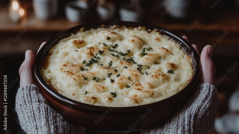 Cozy hands holding creamy potato gratin, rustic kitchen background Cozy hands holding creamy potato gratin, rustic kitchen background