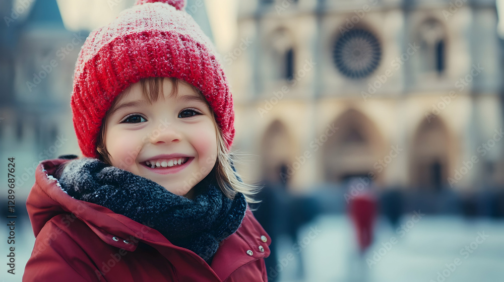 Young child smiling brightly in front of an architectural landmark Young child smiling brightly in front of an architectural landmark
