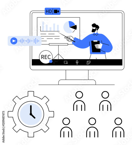 Computer screen with charts presenter audio video, HD, REC. Group of participants, settings gear with clock. Ideal for online education, webinars, remote work, presentations, time management