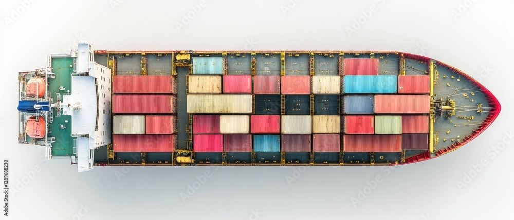 Obraz premium Container ship top-down view, maritime logistics, detailed and accurate, isolated on white background.