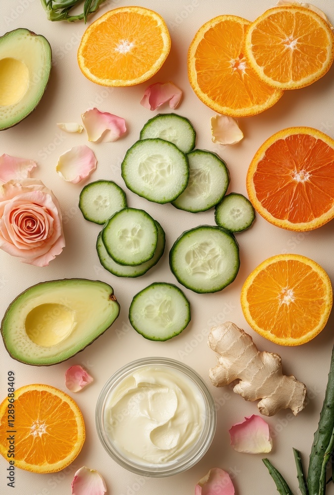 Fresh Ingredients and Natural Elements for Healthy Skincare, Featuring Avocado, Orange, Cucumber, Ginger, and Rose Petals in a Creative Arrangement Fresh Ingredients and Natural Elements for Healthy Skincare, Featuring Avocado, Orange, Cucumber, Ginger, and Rose Petals in a Creative Arrangement