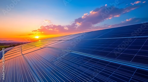 Solar photovoltaic panels on a house roof. Sunset. Modern house with solar panels. Night view a beautiful white house with solar panels. House