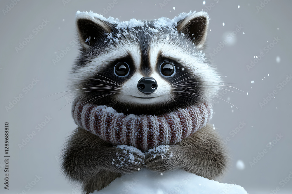 Obraz premium A cute raccoon with a snowy background, wearing a cozy scarf, exuding a cheerful vibe.