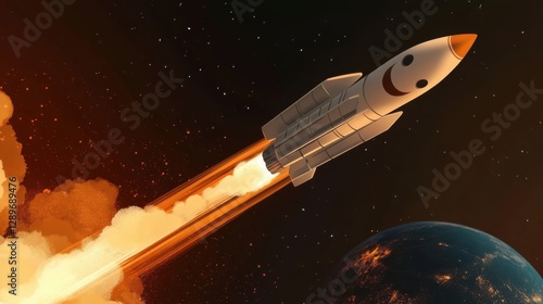 A joyful rocket with a smiling face is ascending into the vast cosmos with a trail of fire, symbolizing optimism, dreams, and the pursuit of new frontiers in space travel.