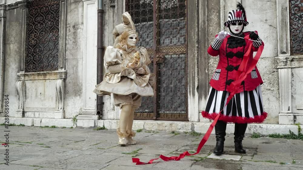 Venice, Italy - People dressed in carnival masks are photographed by tourists in the scenery of the ancient Venetian palaces Venice, Italy - People dressed in carnival masks are photographed by tourists in the scenery of the ancient Venetian palaces