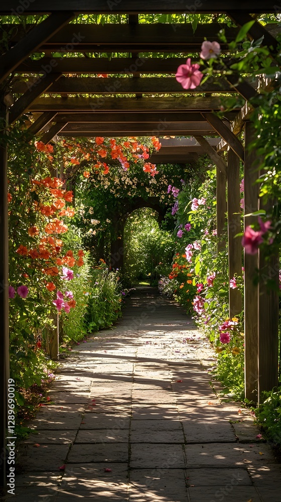Garden Pathway Archway: An enchanting pathway leads the viewer's eye beneath a wooden pergola adorned with vibrant blooms, creating a scene of serenity and natural beauty. Garden Pathway Archway: An enchanting pathway leads the viewer's eye beneath a wooden pergola adorned with vibrant blooms, creating a scene of serenity and natural beauty.