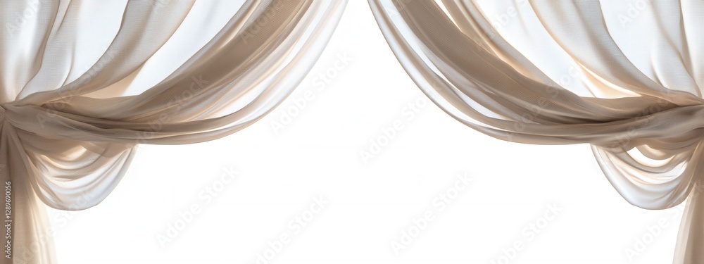Sheer curtains gracefully tied, showcasing delicate pleats, elegant drapery design, transparent background for versatile use.