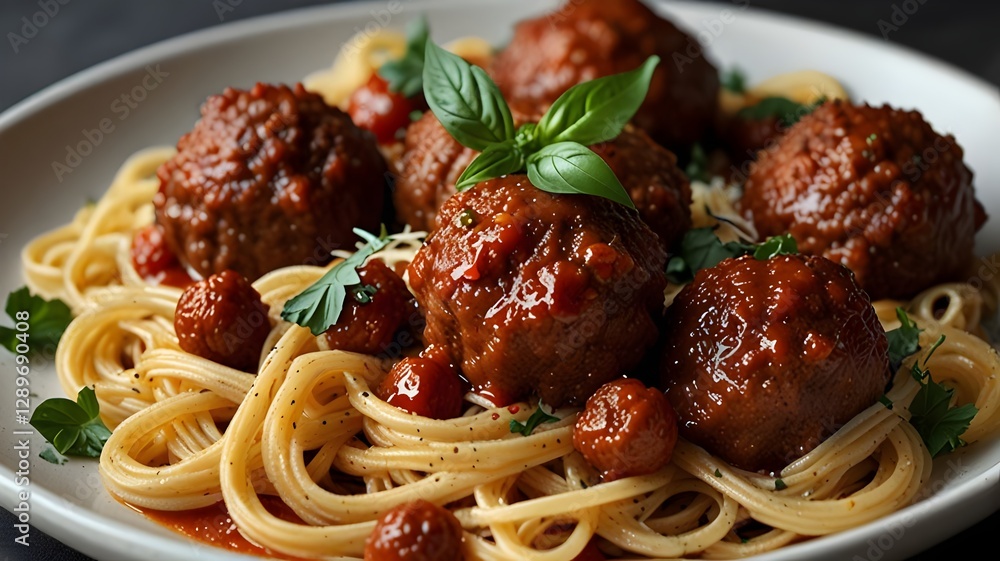 Classic spaghetti and beef meatballs in marinara sauce Classic spaghetti and beef meatballs in marinara sauce