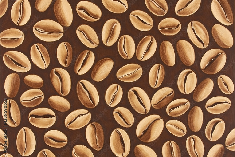 Obraz premium A close-up coffee beans texture wallpaper featuring glossy espresso beans, detailed textures, and natural imperfections with copy space. Soft directional lighting.