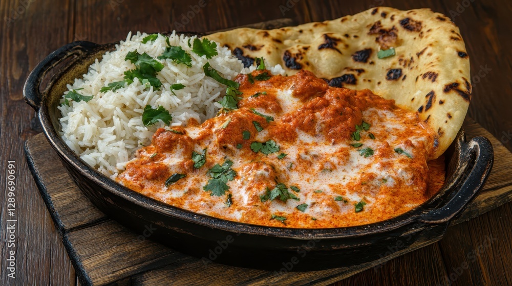 A top-down shot of chicken tikka masala in a bowl, featuring a rich and creamy sauce against a moody dark background for contrast. A top-down shot of chicken tikka masala in a bowl, featuring a rich and creamy sauce against a moody dark background for contrast.