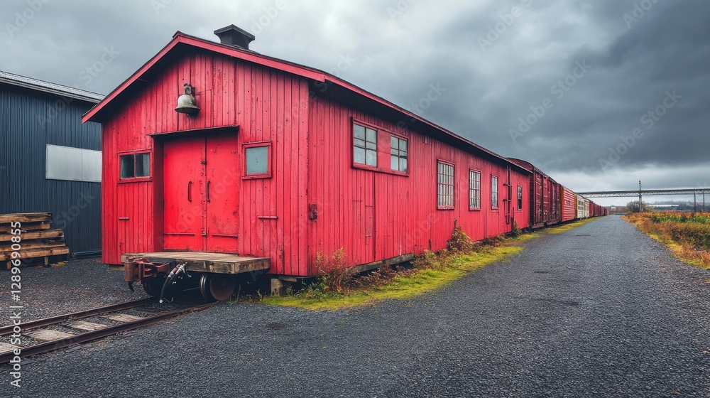 Vibrant Red Train Cars Along Empty Railway Track Under Dramatic Cloudy Sky in Rural Setting Vibrant Red Train Cars Along Empty Railway Track Under Dramatic Cloudy Sky in Rural Setting
