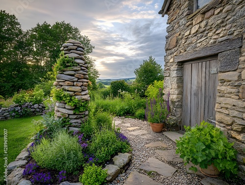 Stone Cottage and Garden: A charming stone cottage with a winding stone path and lush garden beds. The scene is peaceful with a beautiful sunset light. photo