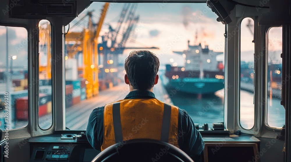 Naklejka premium Dynamic shot of a crane operator inside the cabin, port activities visible through the windows, container and shipping ship in view