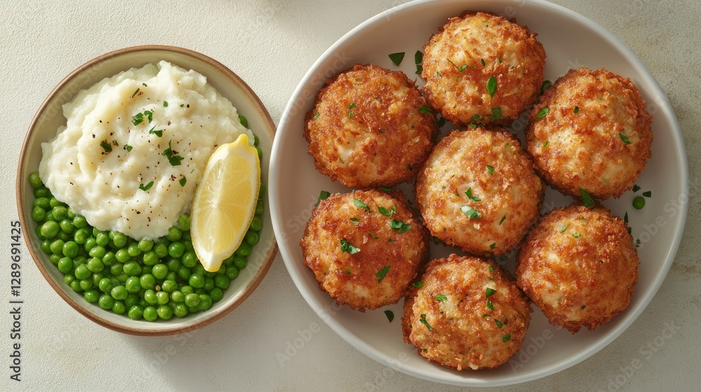 Crispy fish cakes, mashed potato, peas, lemon, kitchen counter, dinner Crispy fish cakes, mashed potato, peas, lemon, kitchen counter, dinner