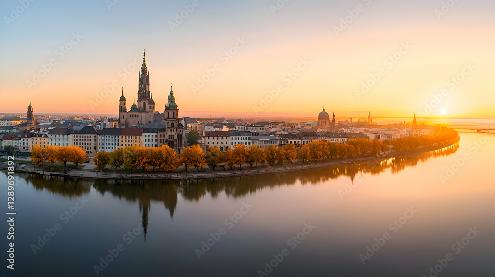 Naklejka premium Island City Sunrise with Golden Autumn Trees