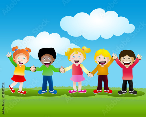 illustration of a multicultural children colorful kids on nature background
