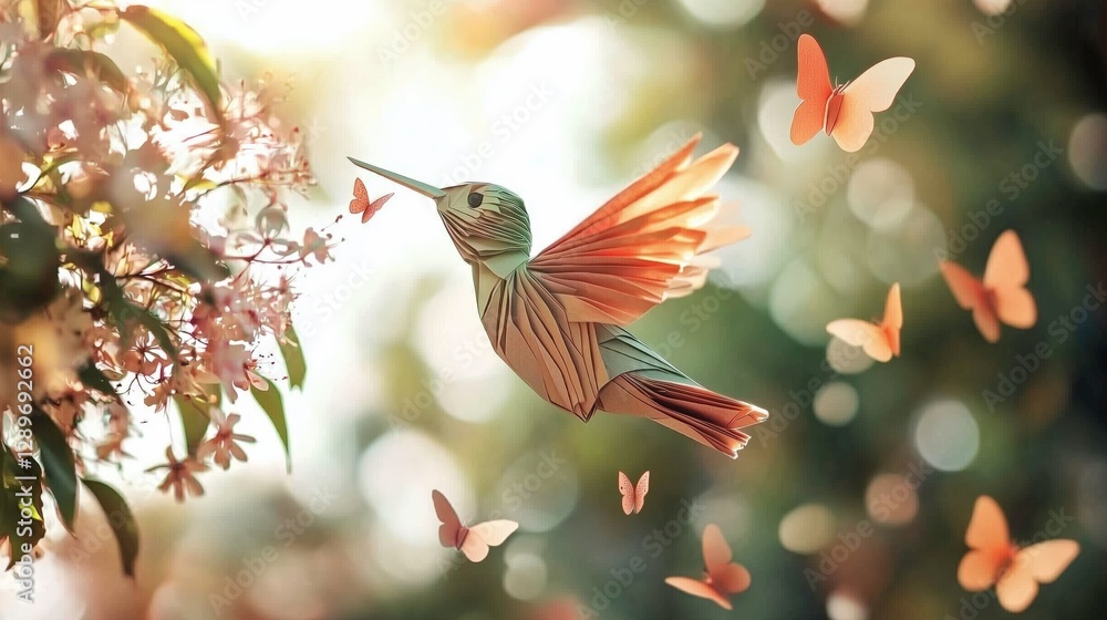 Naklejka premium Origami Hummingbird Surrounded by Butterflies in a Dreamy Nature Scene