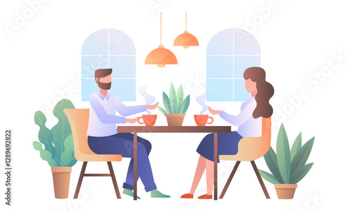 Two people drinking coffee, flat style, white background, concept of social interaction. Vector illustration