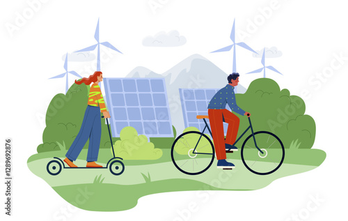 People on scooter and bike with solar panels and wind turbines in background. Flat design on white background. Concept of sustainable transportation. Vector illustration