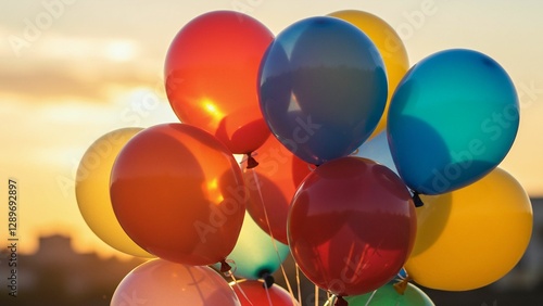 Vibrant balloons glowing in sunset light