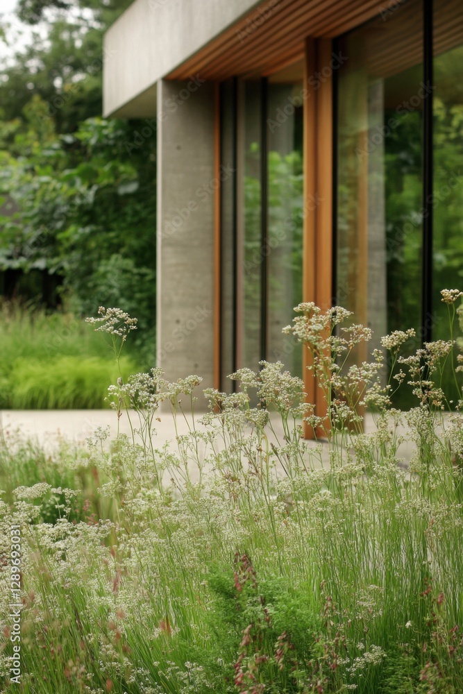 Modern architecture features large windows and natural landscaping in a serene garden setting with wildflowers during the day Modern architecture features large windows and natural landscaping in a serene garden setting with wildflowers during the day