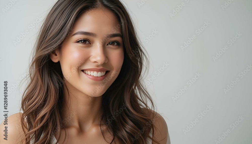 pretty woman smiling, feeling confident, successful and happy, showing concept or idea on copy space on the side pretty woman smiling, feeling confident, successful and happy, showing concept or idea on copy space on the side