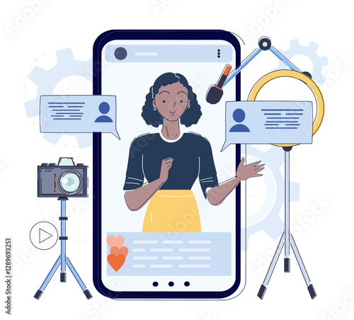 Woman recording video on smartphone, flat style, white background. Concept of social media, vlogging, live streaming. Vector illustration