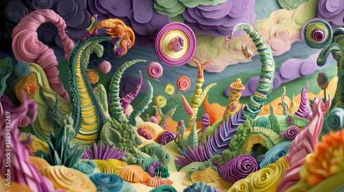 Wallpaper Mural A paper art representation of an alien planet with towering, otherworldly plants and bizarre creatures. Torontodigital.ca