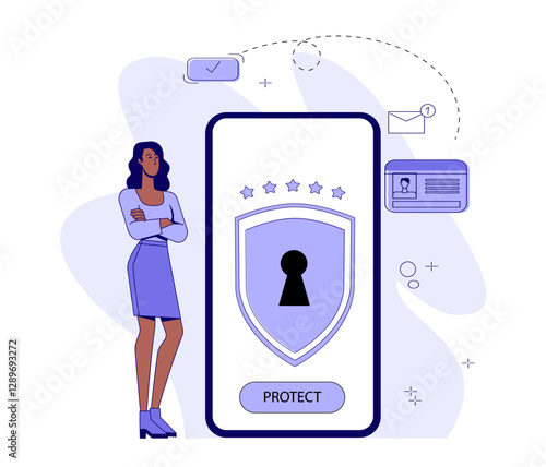 Woman standing next to a mobile phone with a shield and lock icon, flat graphic style, white background. Concept of mobile security. Vector illustration