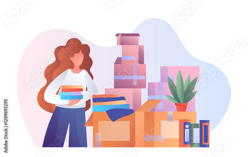 Woman holding books near stacked moving boxes, colorful graphic style, on abstract background. Concept of relocation or moving. Vector illustration