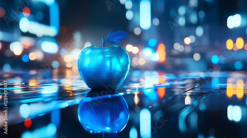 Blue apple with city night reflections
