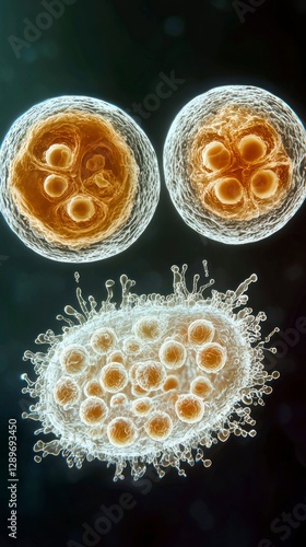 Intricate details of three distinct cellular structures observed under high magnification, showcasing their complex formations and diverse characteristics in a scientific setting photo