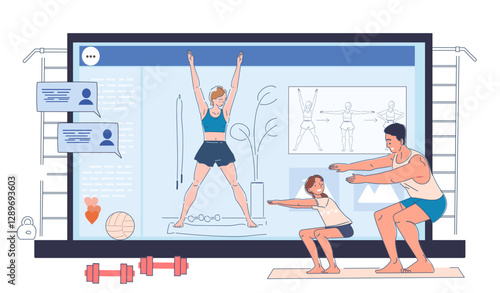 A couple exercising at home following an online fitness class on a screen. Flat style, white background. Concept of home workout and virtual training. Vector illustration