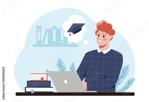 A student studying on a laptop with books, flat style, light blue background. Concept of online education. Vector illustration