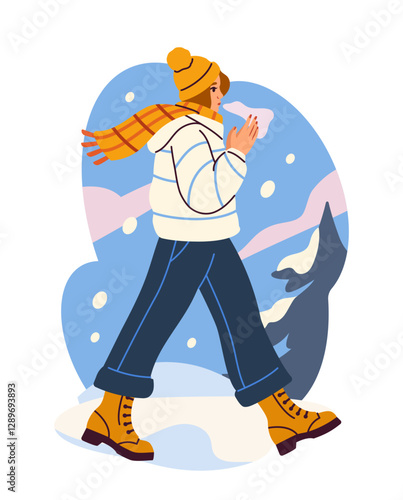 Woman walking in winter attire, flat graphic style, snowy mountain background. Concept of winter stroll. Vector illustration