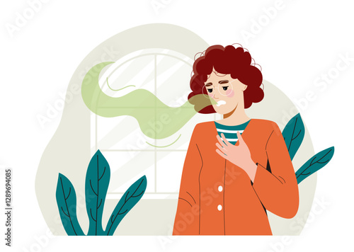 Woman coughing with green smoke near window. Flat graphic style on white background. Concept of air pollution. Vector illustration