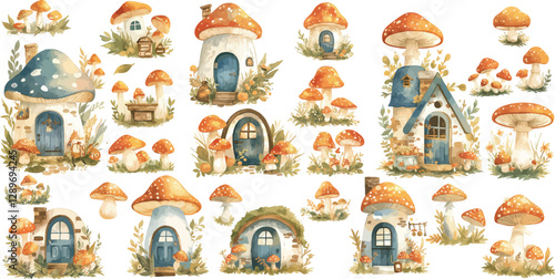 fairy mushroom house  watercolor clipart