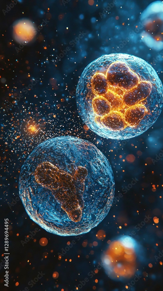 Naklejka premium Two colorful cells are clearly visible, showcasing intricate structures and movement. The backdrop is dark, accentuating the vivid hues and energetic particles surrounding them