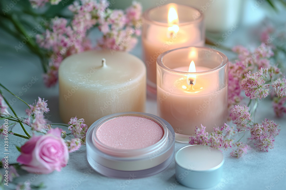 Romantic composition of cosmetics with candles and flowers Romantic composition of cosmetics with candles and flowers