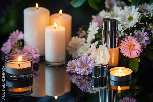 Romantic composition of cosmetics with candles and flowers photo