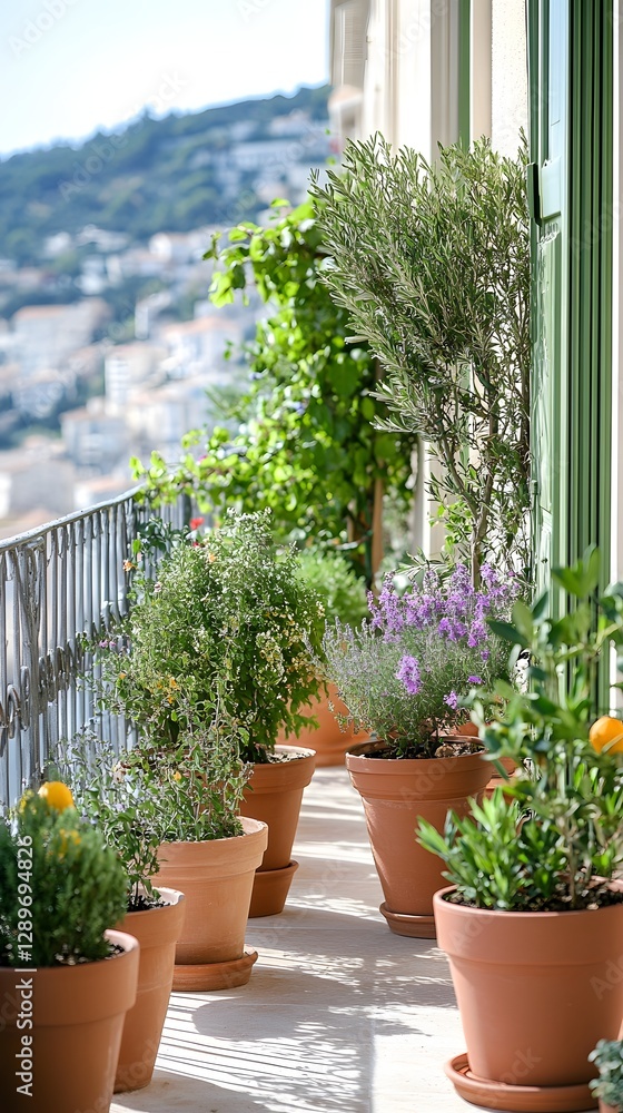 Fototapeta premium Balcony Oasis: A collection of vibrant potted plants and flowers creates a lush green balcony, with a stunning cityscape view in the backdrop.