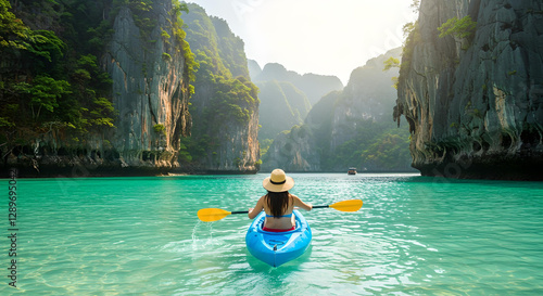 Woman Kayaking in Pi Leh Bay, Thailand