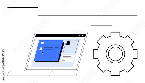 Open laptop displaying interconnected workflow diagram alongside a large gearwheel signifying automation, optimization, and systems integration. Ideal for tech development, operations, digital